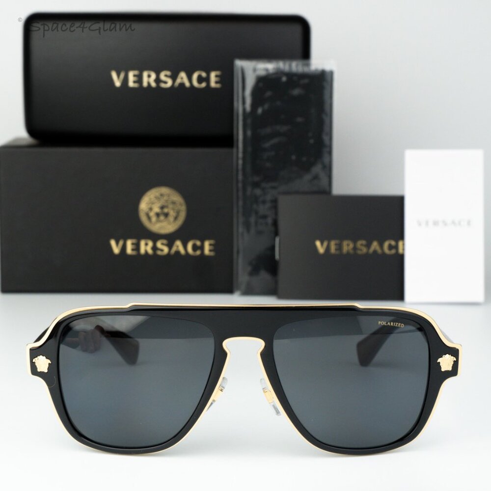 Versace Men Sunglasses Black Grey Polarized Aviator VE2199 100281 NEW AUTHENTIC